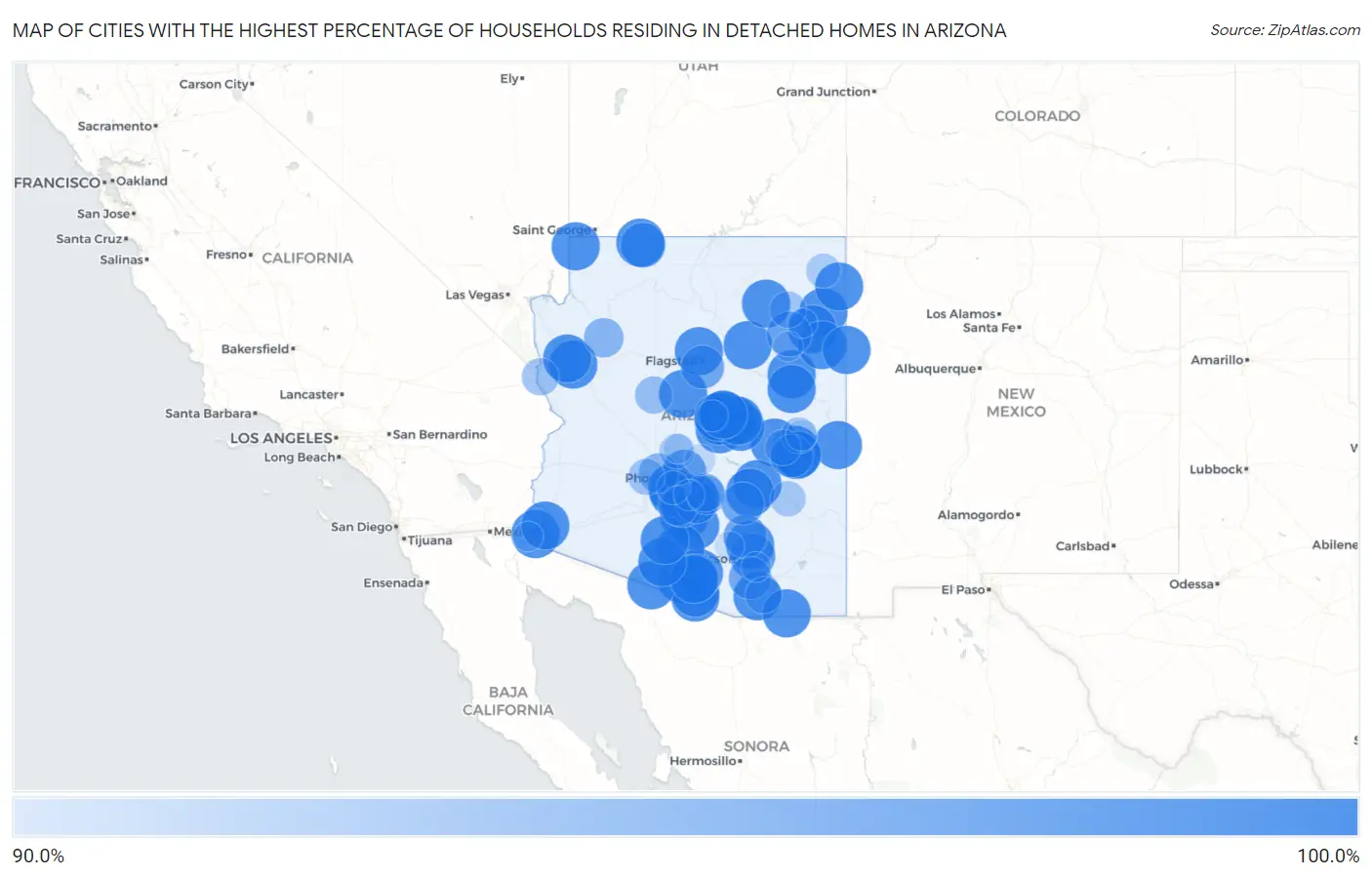 Cities with the Highest Percentage of Households Residing in Detached Homes in Arizona Map