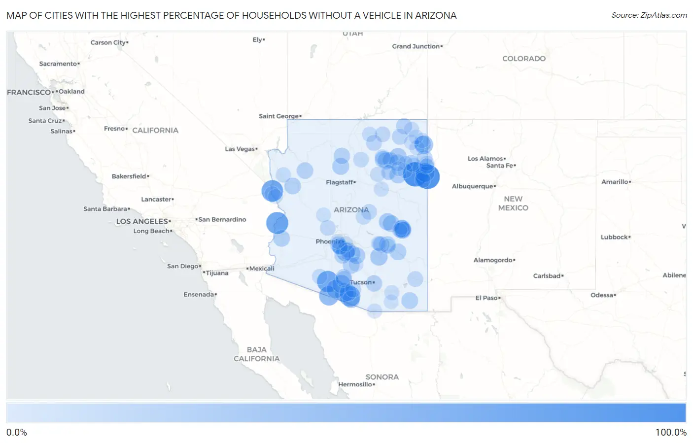 Cities with the Highest Percentage of Households Without a Vehicle in Arizona Map