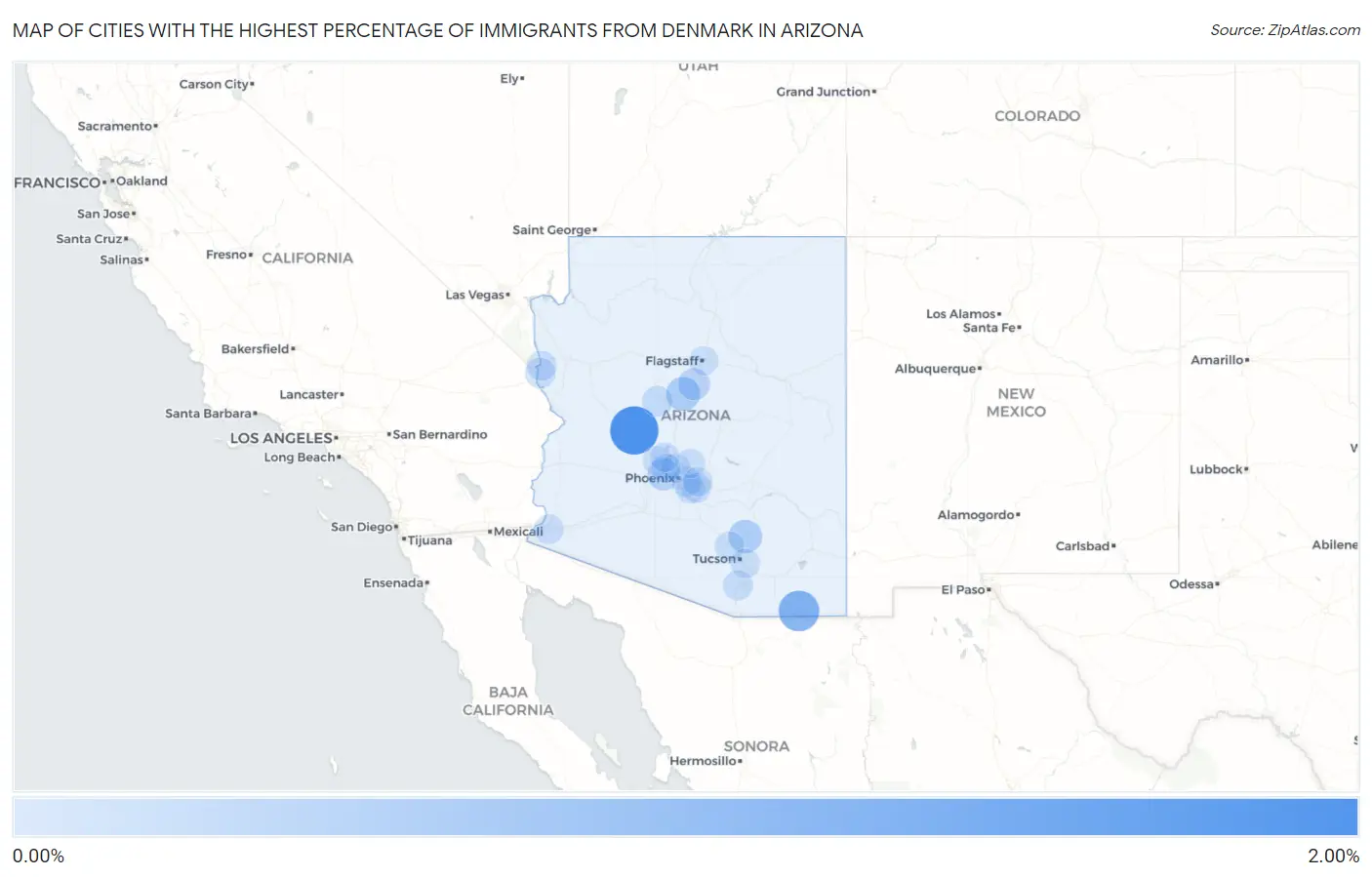 Cities with the Highest Percentage of Immigrants from Denmark in Arizona Map
