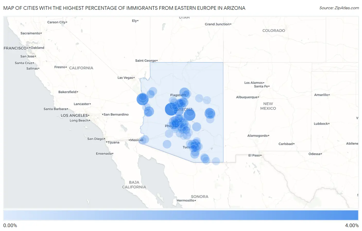 Cities with the Highest Percentage of Immigrants from Eastern Europe in Arizona Map