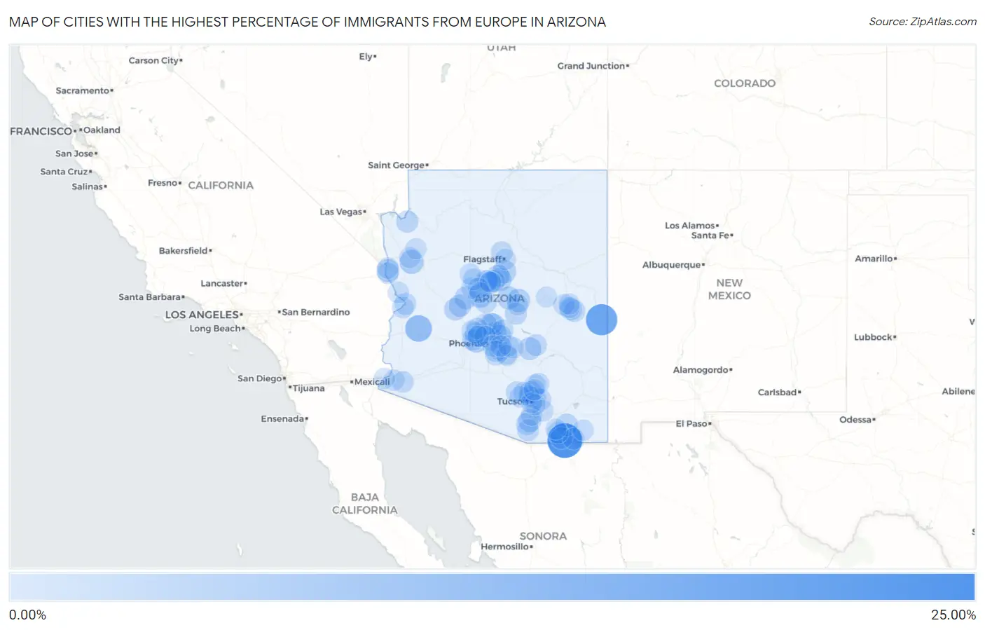 Cities with the Highest Percentage of Immigrants from Europe in Arizona Map