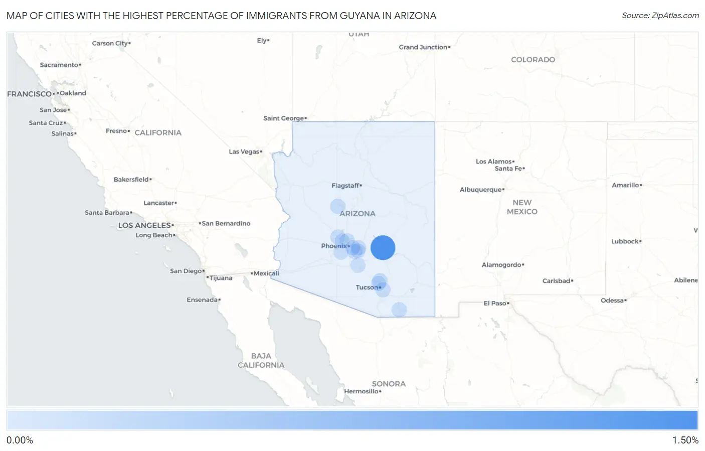 Cities with the Highest Percentage of Immigrants from Guyana in Arizona Map