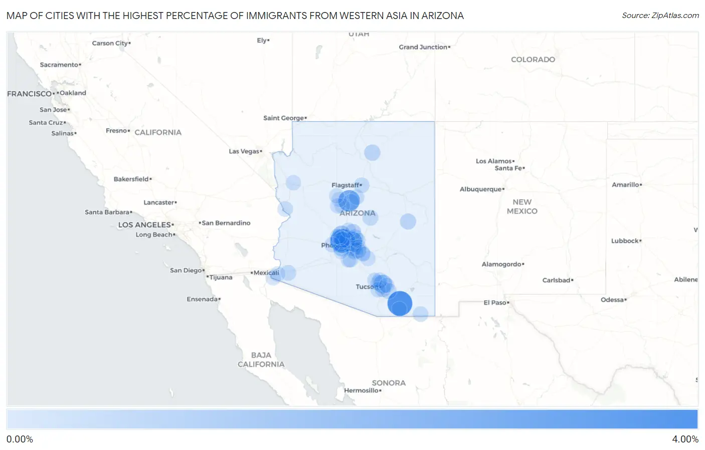 Cities with the Highest Percentage of Immigrants from Western Asia in Arizona Map