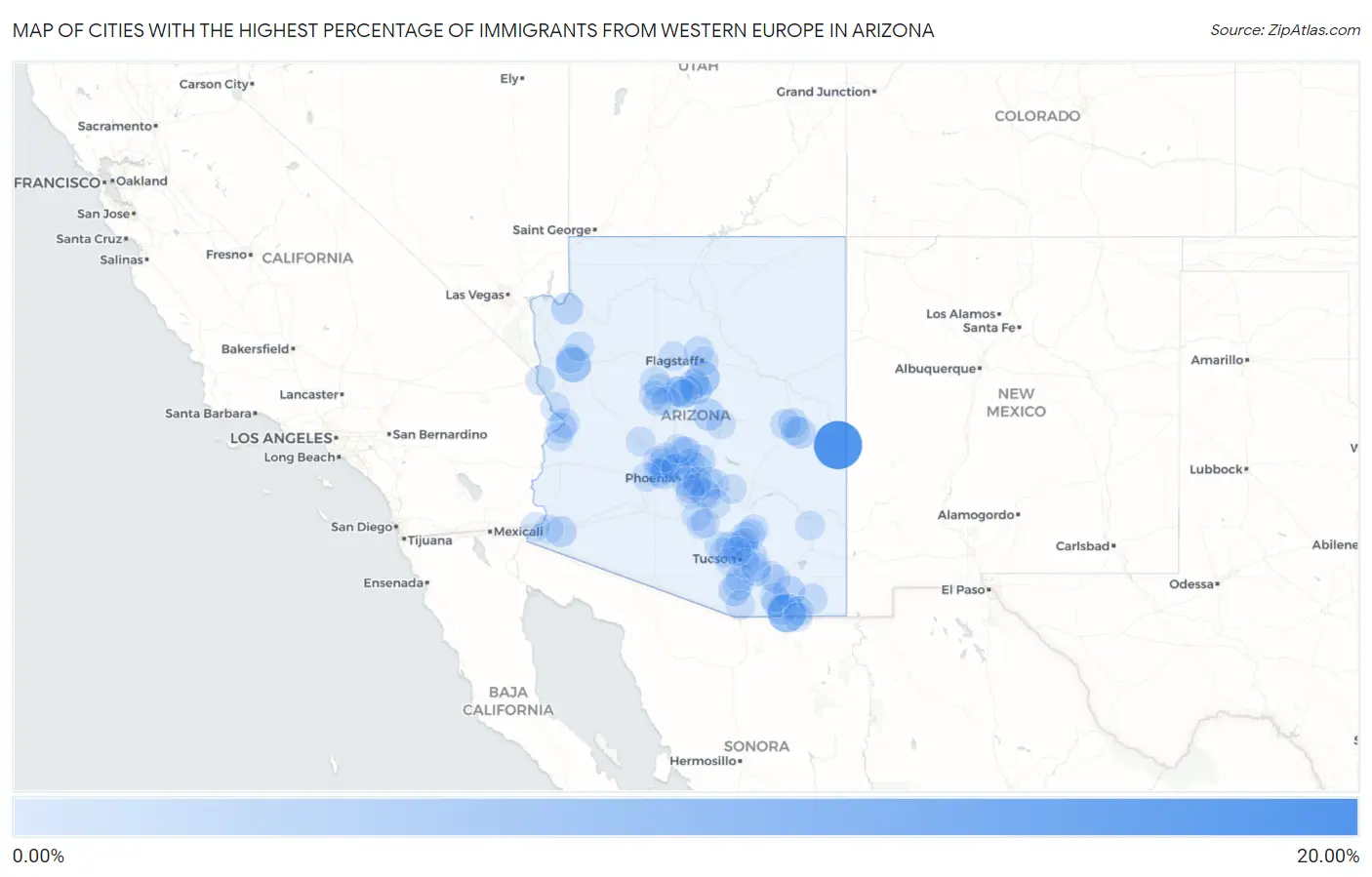 Cities with the Highest Percentage of Immigrants from Western Europe in Arizona Map