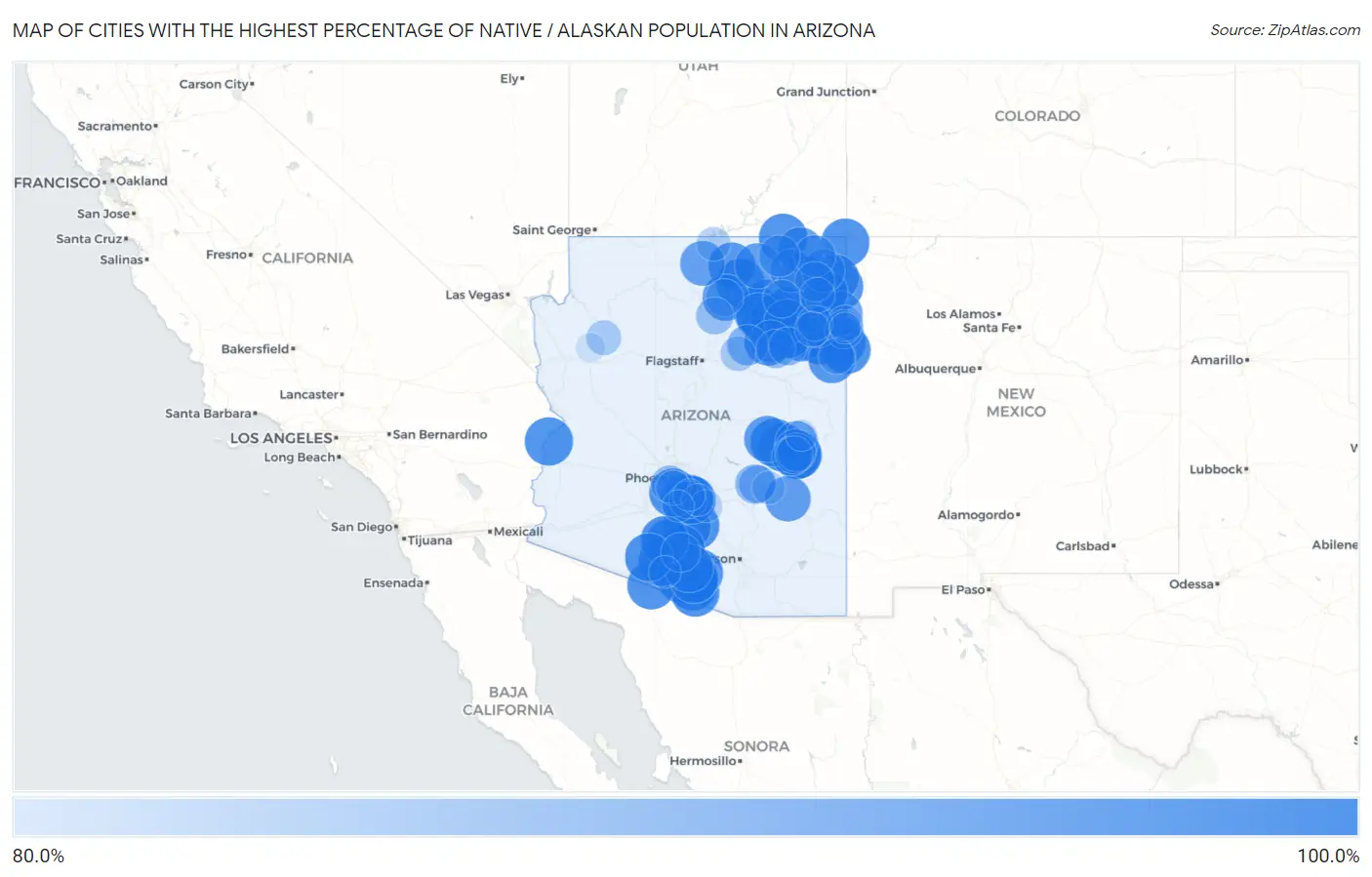 Cities with the Highest Percentage of Native / Alaskan Population in Arizona Map