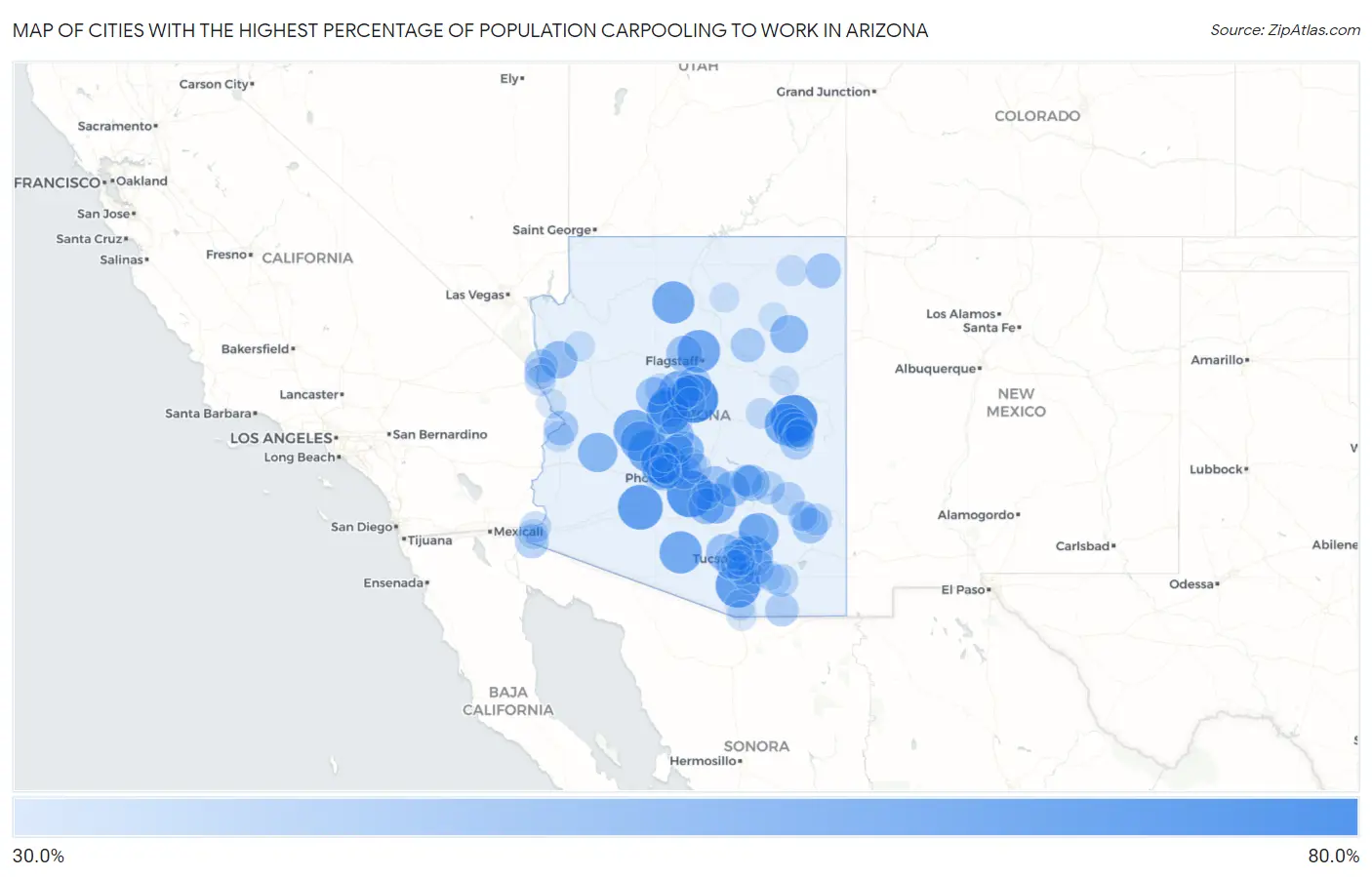 Cities with the Highest Percentage of Population Carpooling to Work in Arizona Map