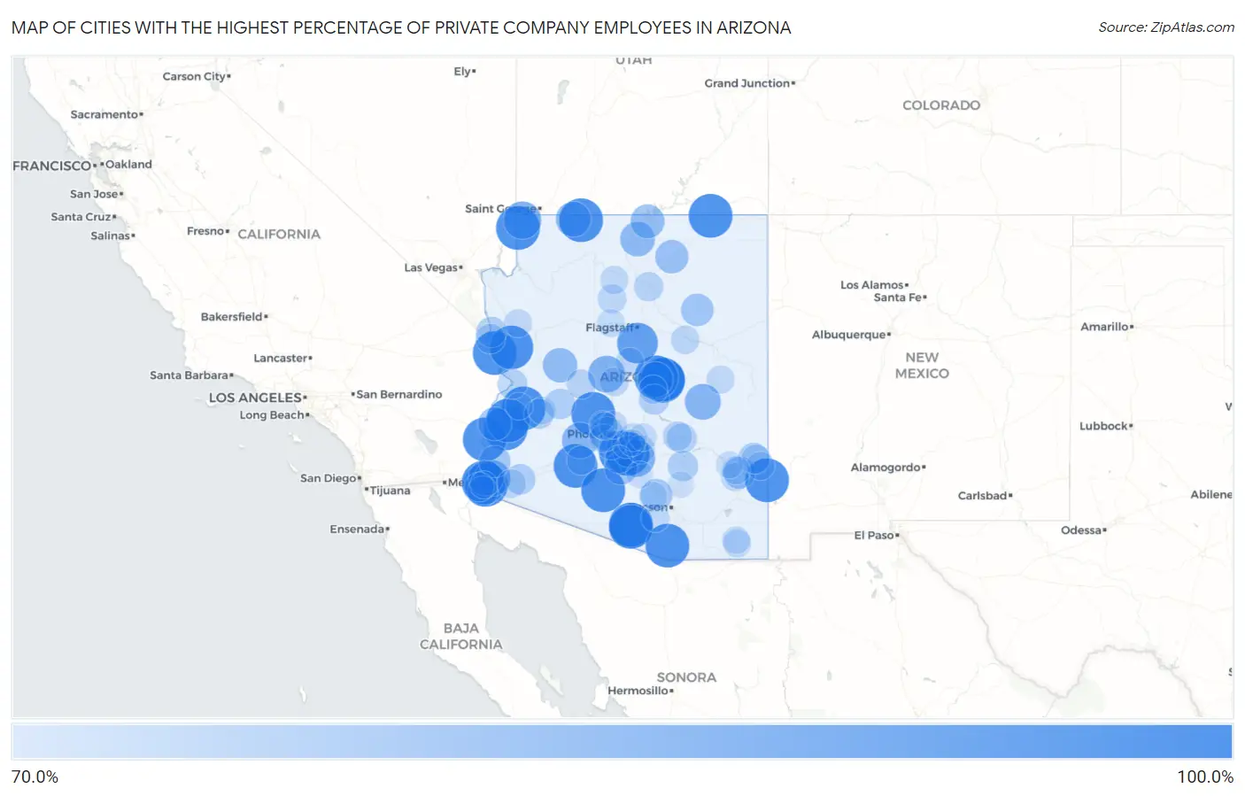 Cities with the Highest Percentage of Private Company Employees in Arizona Map