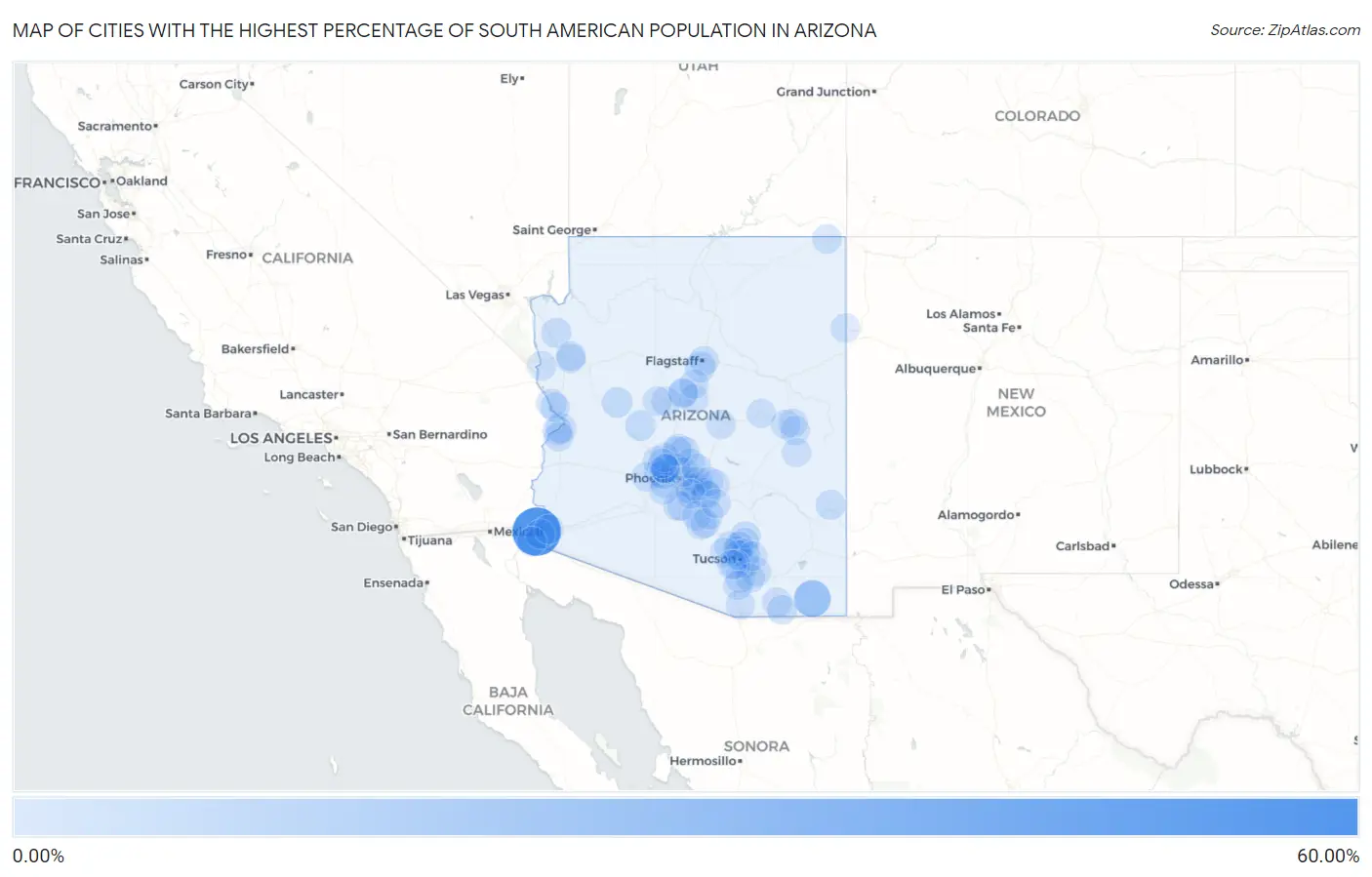 Cities with the Highest Percentage of South American Population in Arizona Map