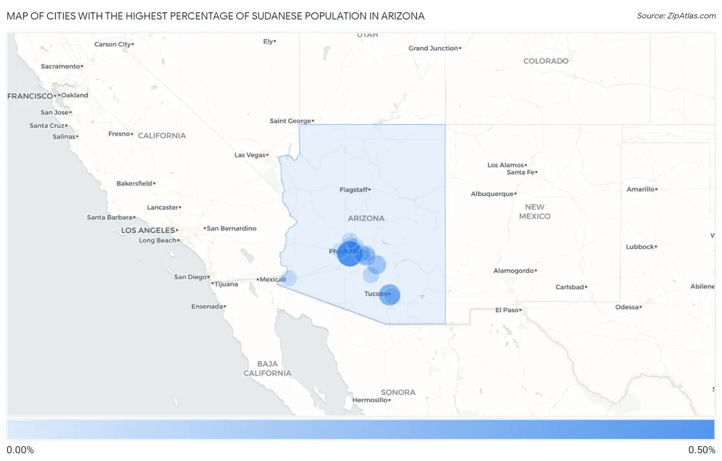 Cities with the Highest Percentage of Sudanese Population in Arizona Map