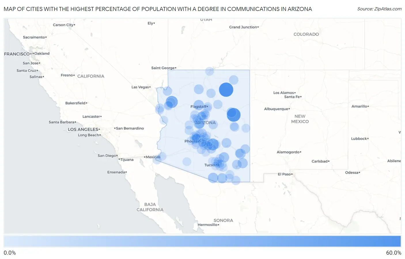 Cities with the Highest Percentage of Population with a Degree in Communications in Arizona Map