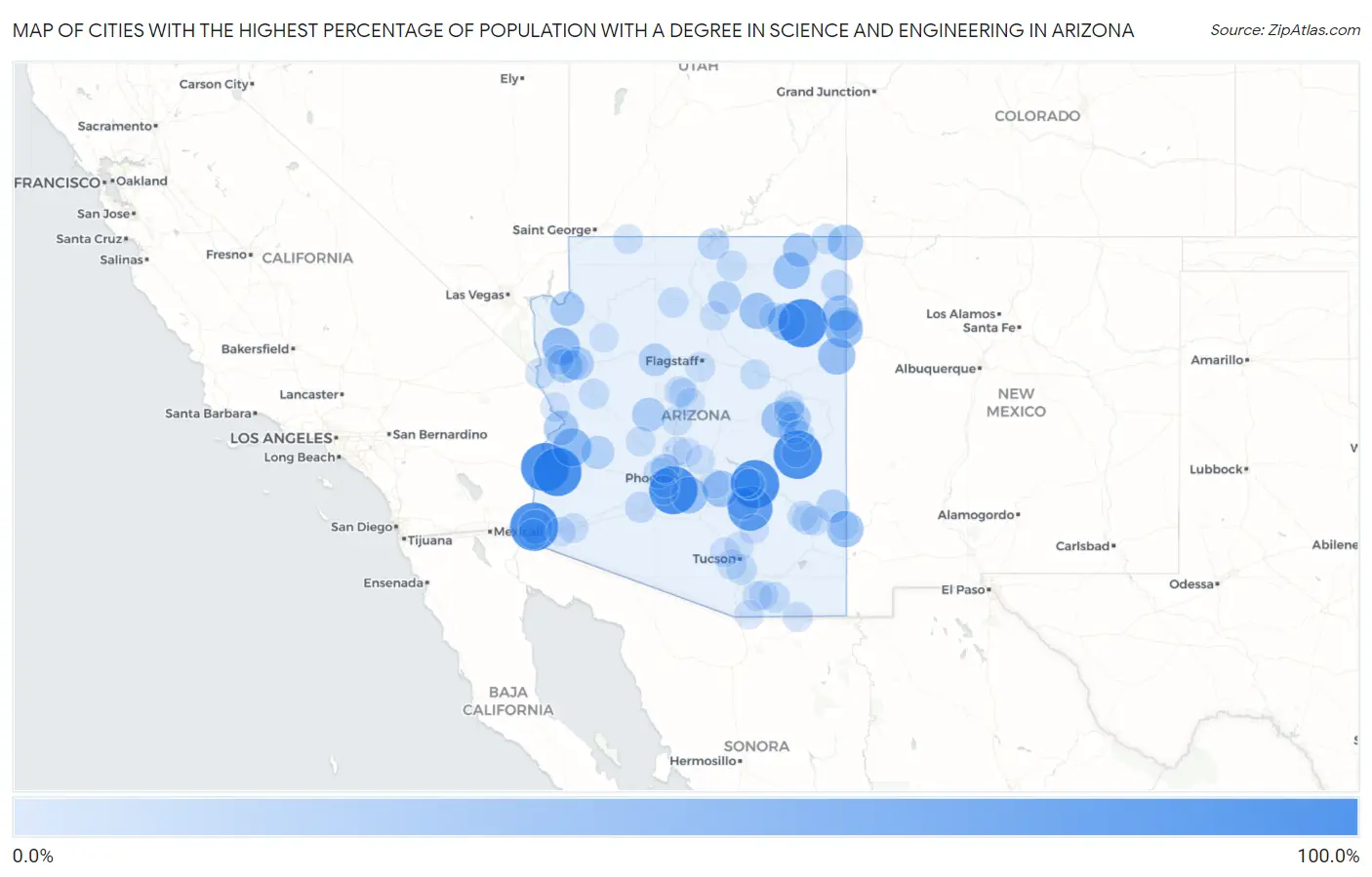 Cities with the Highest Percentage of Population with a Degree in Science and Engineering in Arizona Map