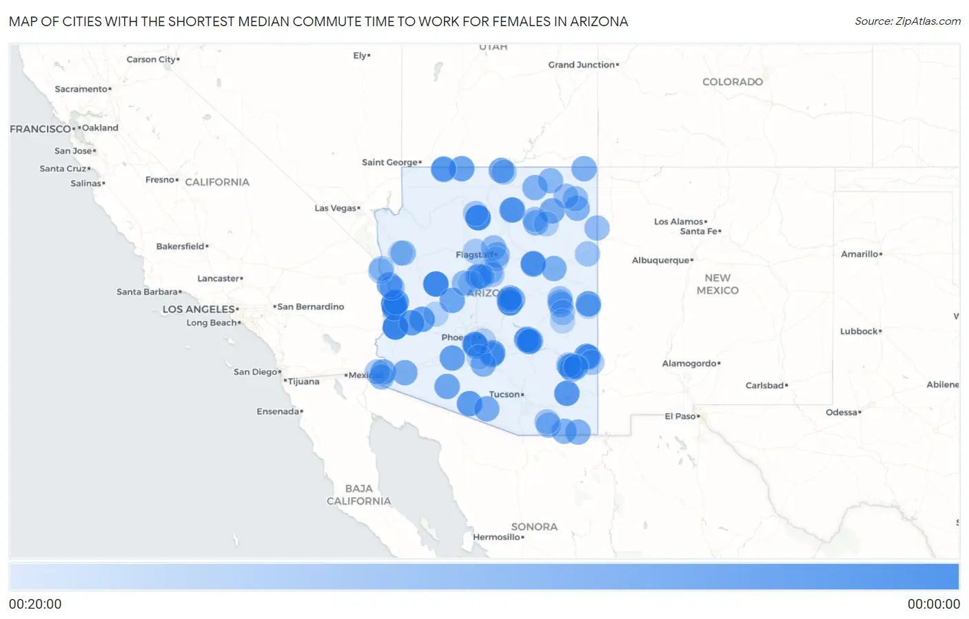 Cities with the Shortest Median Commute Time to Work for Females in Arizona Map