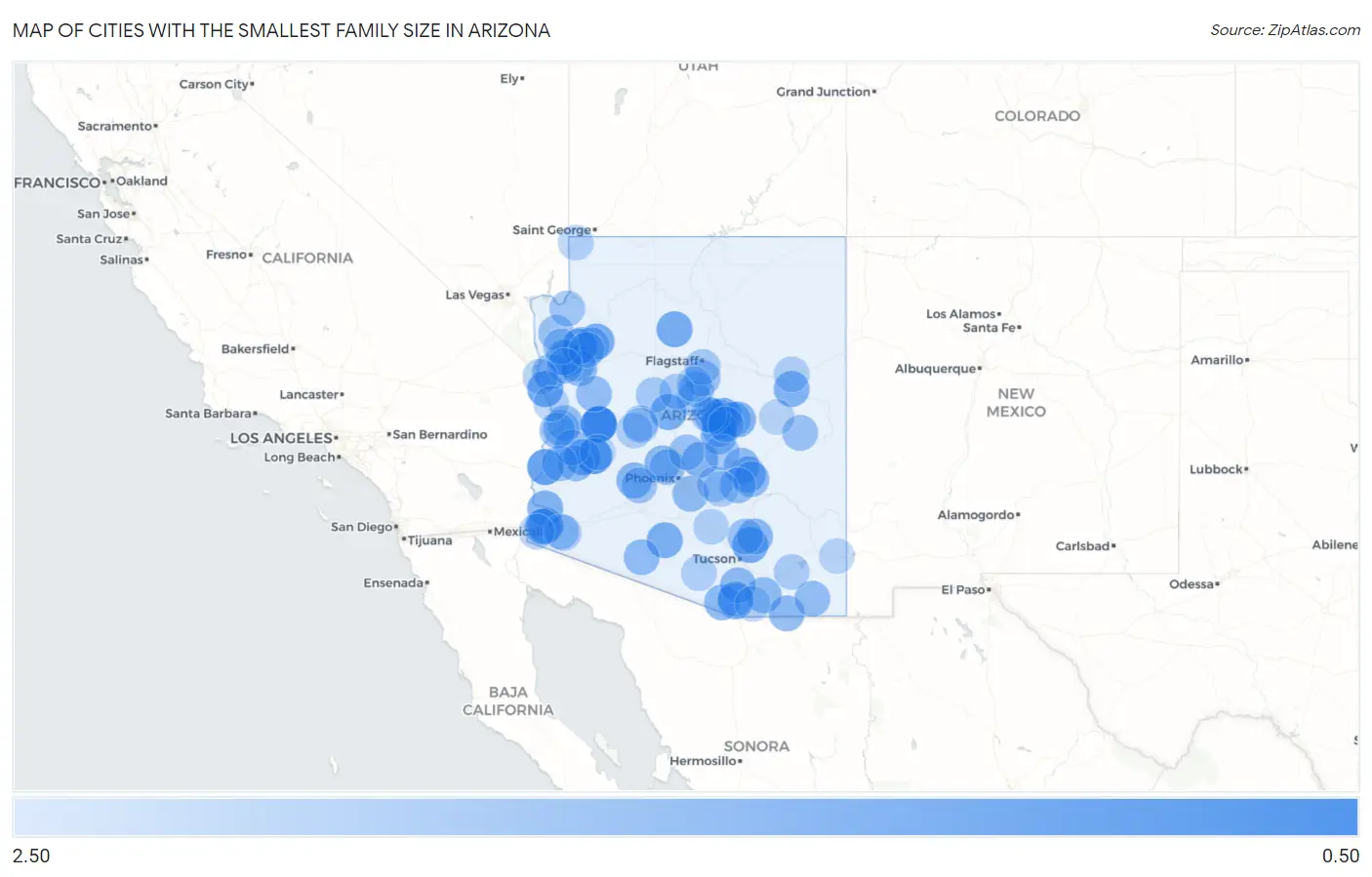 Cities with the Smallest Family Size in Arizona Map