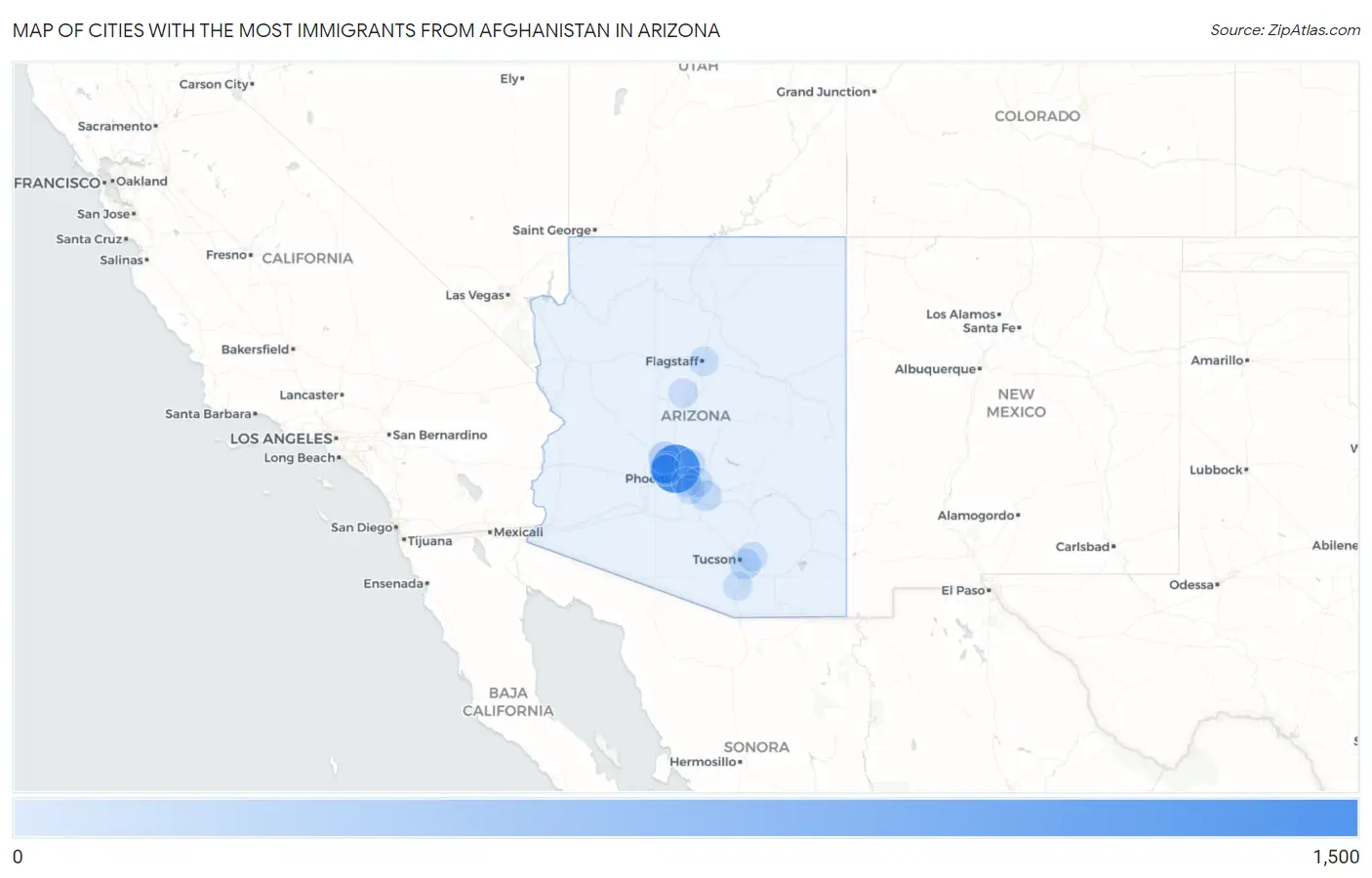 Cities with the Most Immigrants from Afghanistan in Arizona Map