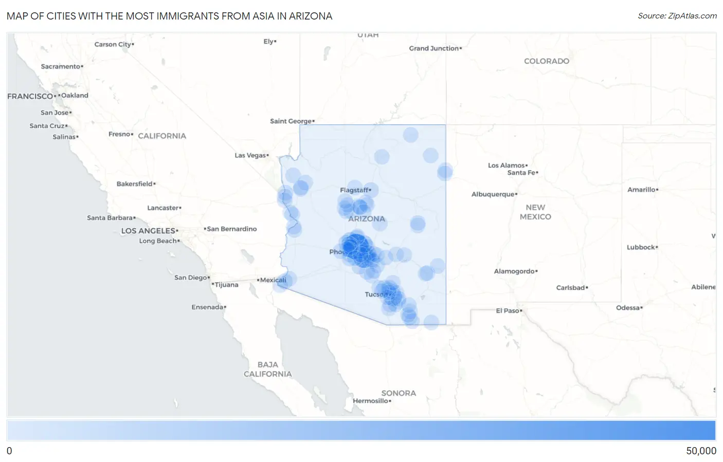 Cities with the Most Immigrants from Asia in Arizona Map