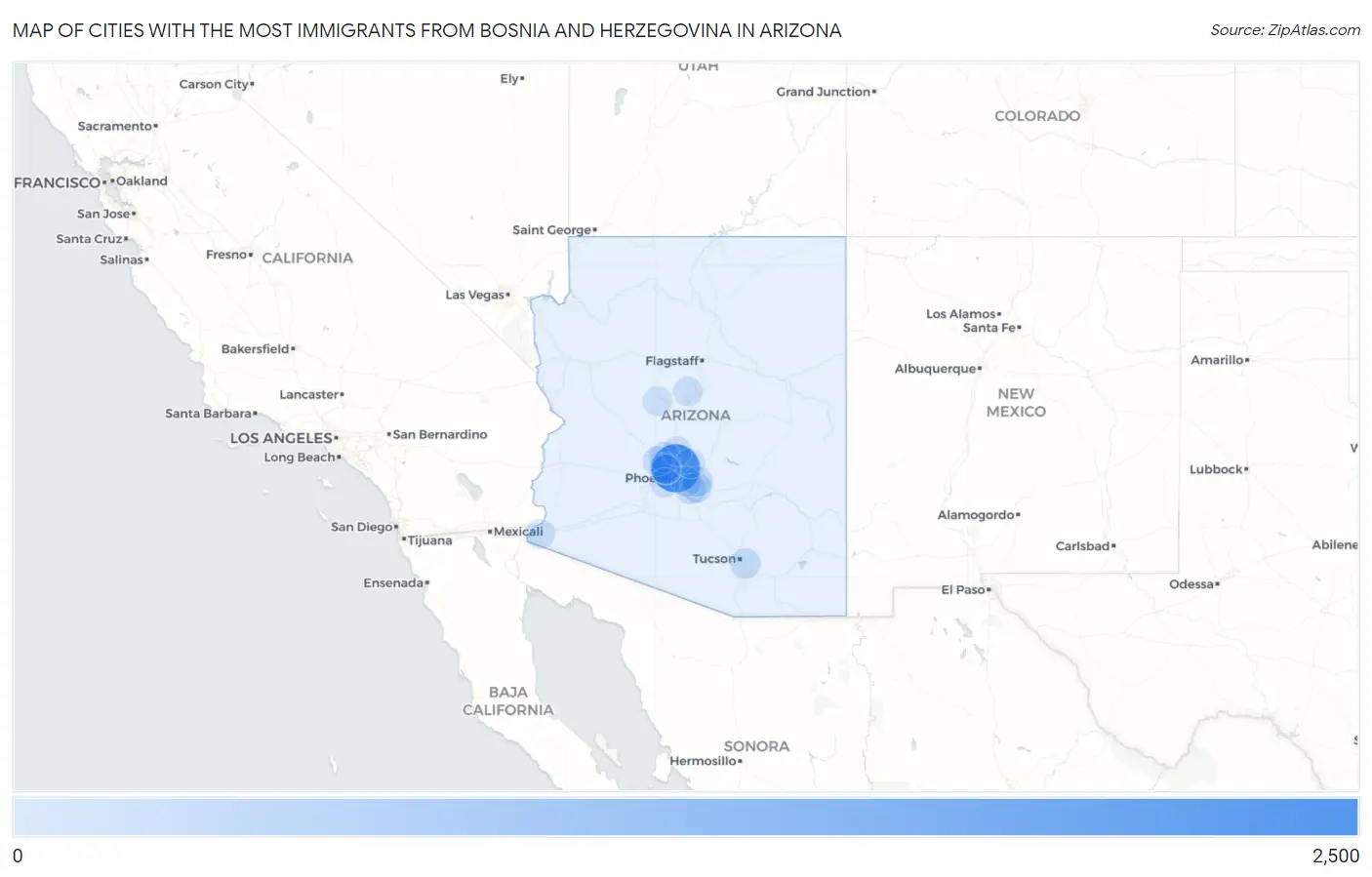 Cities with the Most Immigrants from Bosnia and Herzegovina in Arizona Map