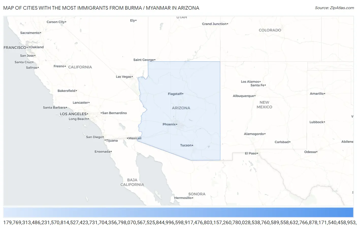 Cities with the Most Immigrants from Burma / Myanmar in Arizona Map