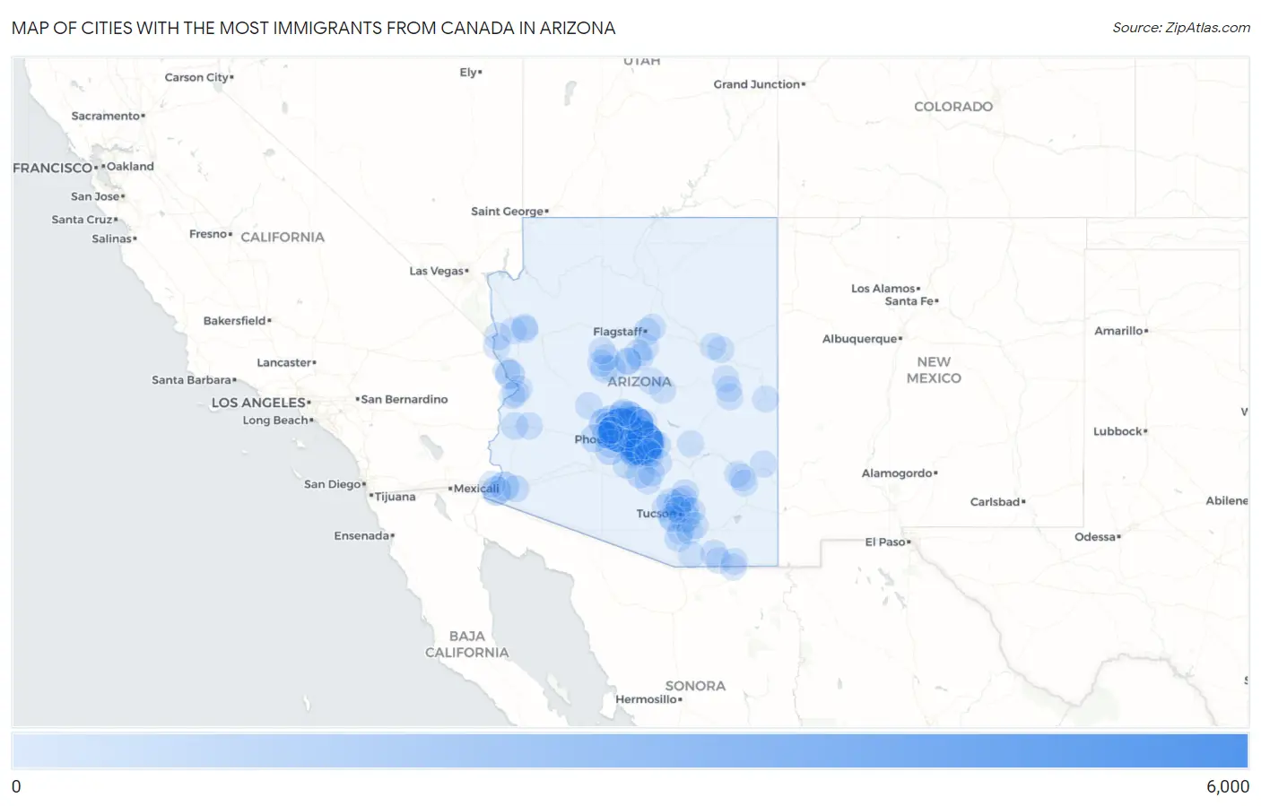 Cities with the Most Immigrants from Canada in Arizona Map