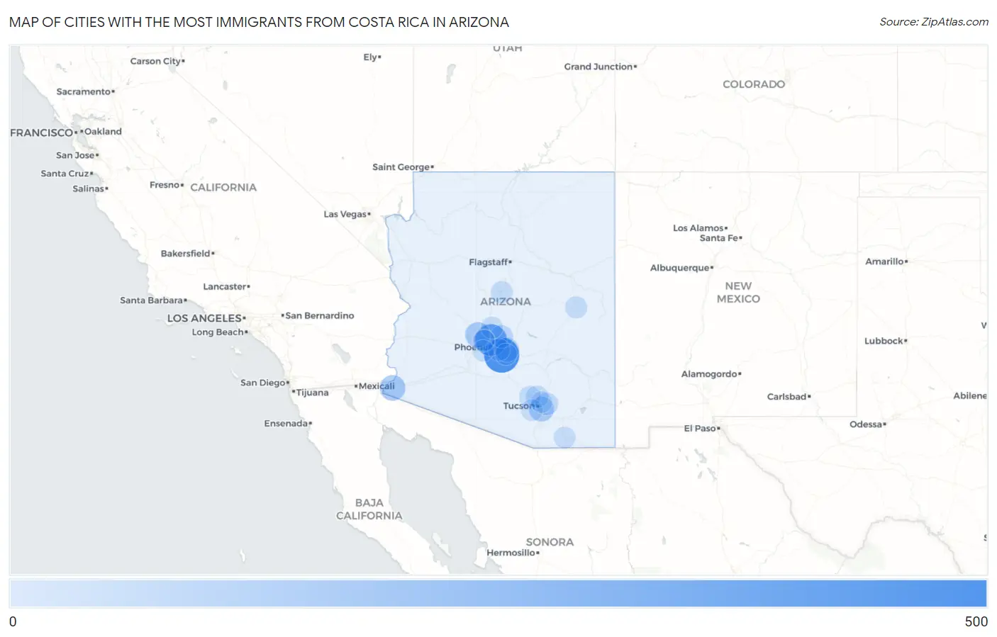 Cities with the Most Immigrants from Costa Rica in Arizona Map