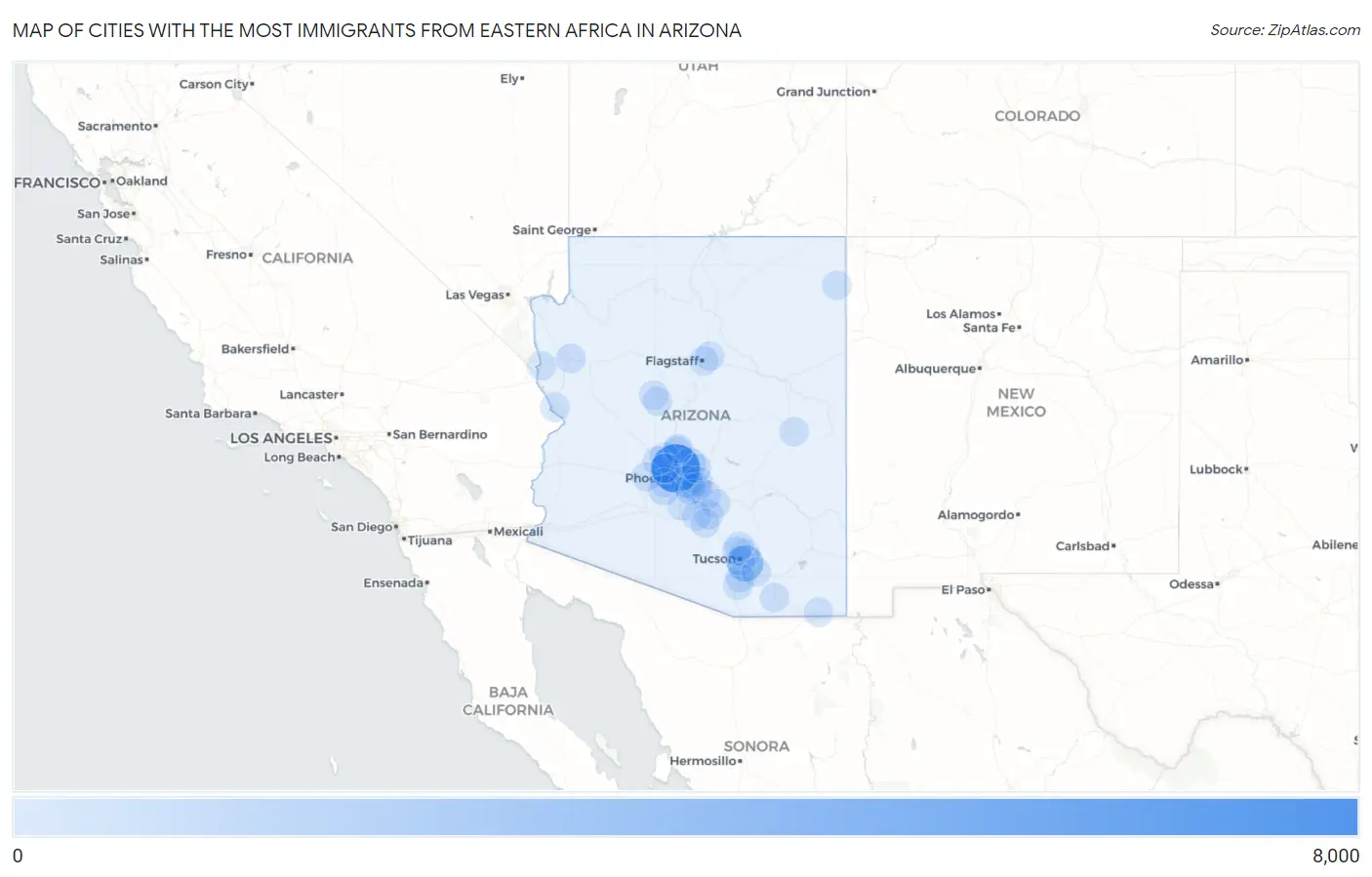 Cities with the Most Immigrants from Eastern Africa in Arizona Map
