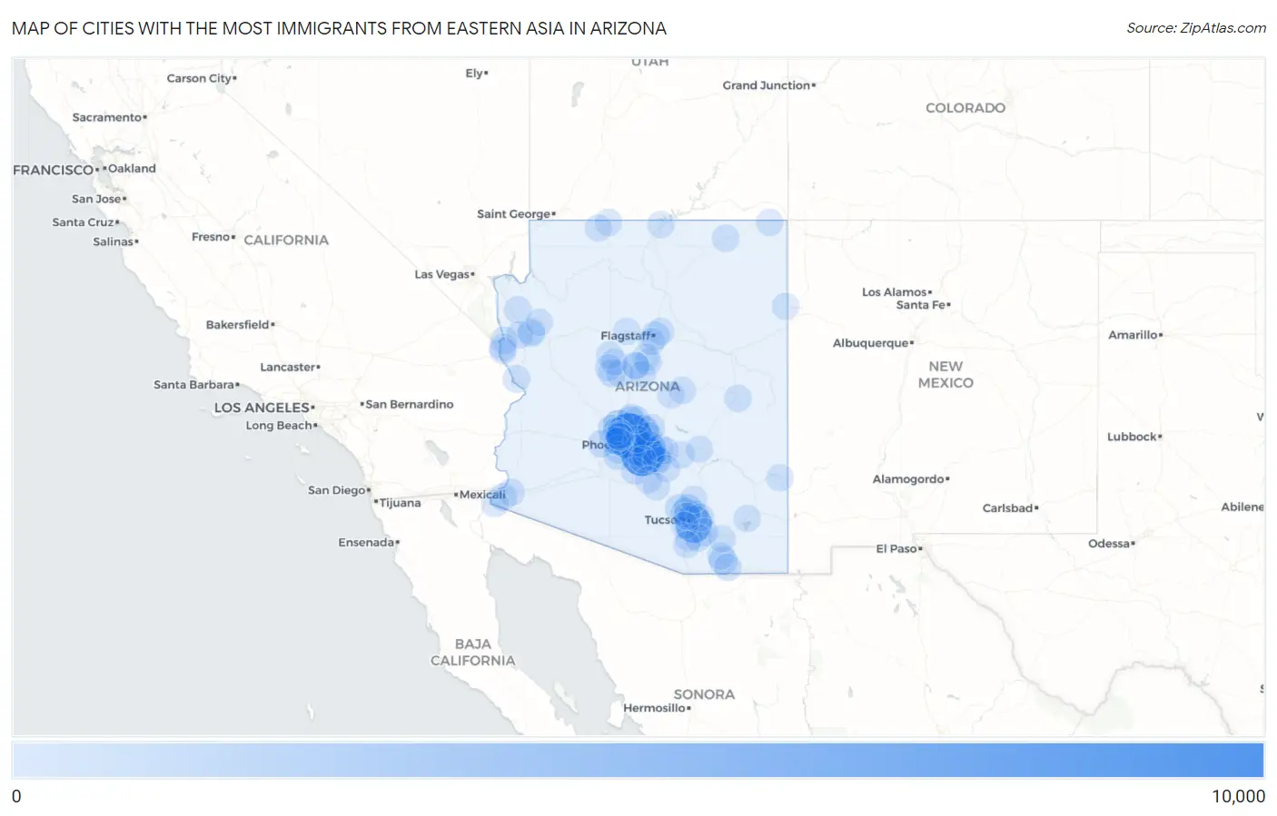 Cities with the Most Immigrants from Eastern Asia in Arizona Map