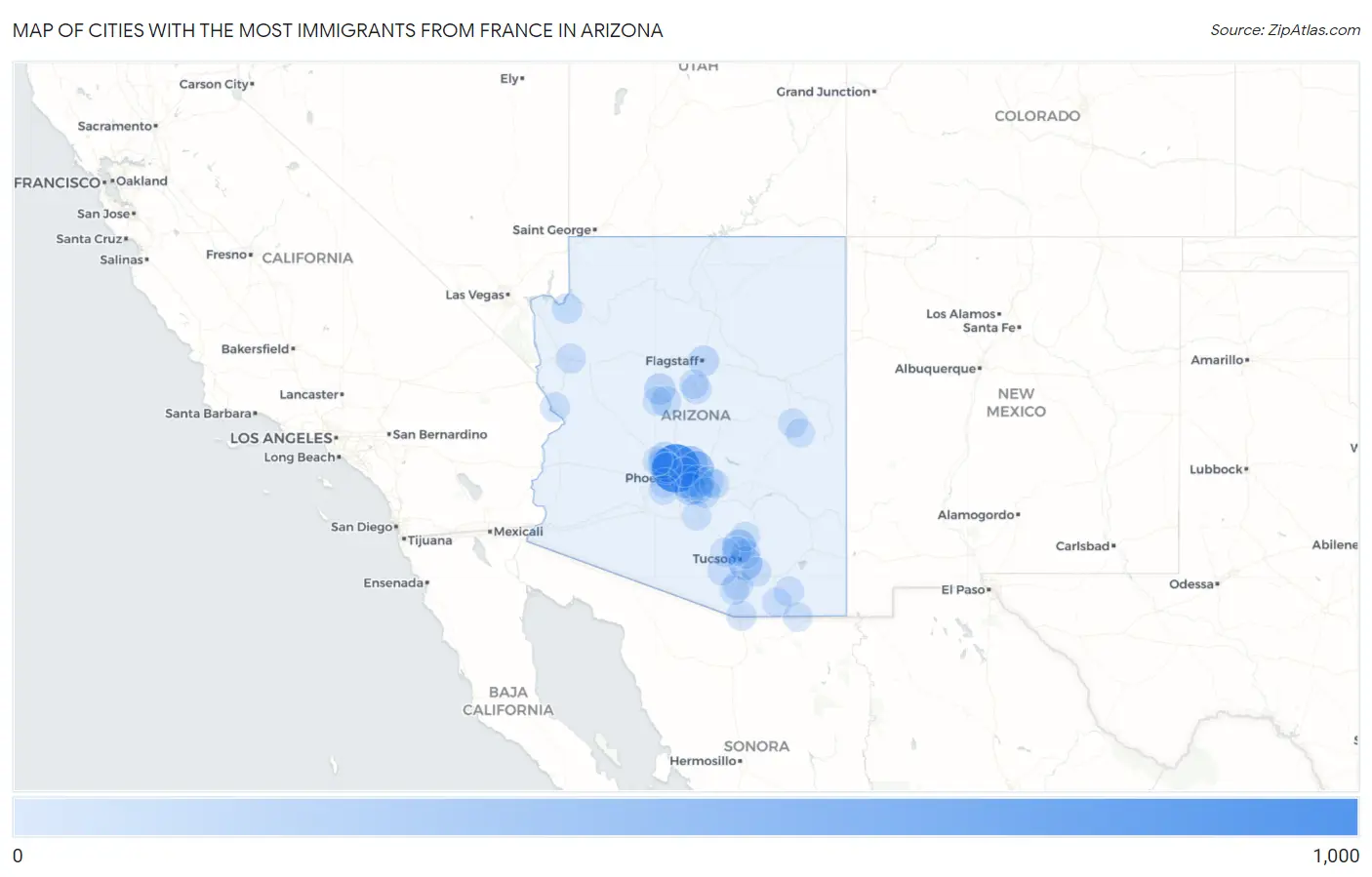 Cities with the Most Immigrants from France in Arizona Map