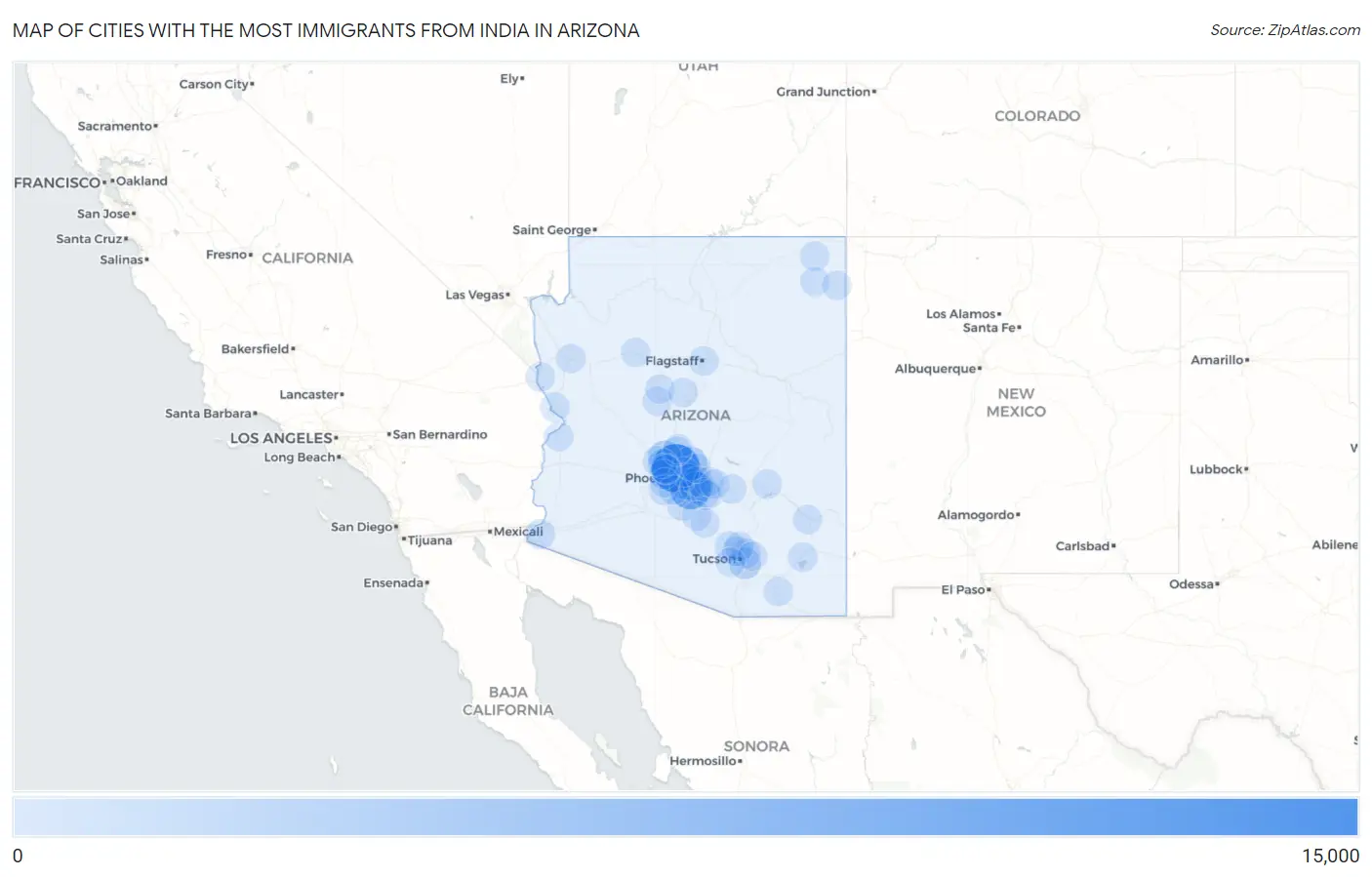 Cities with the Most Immigrants from India in Arizona Map