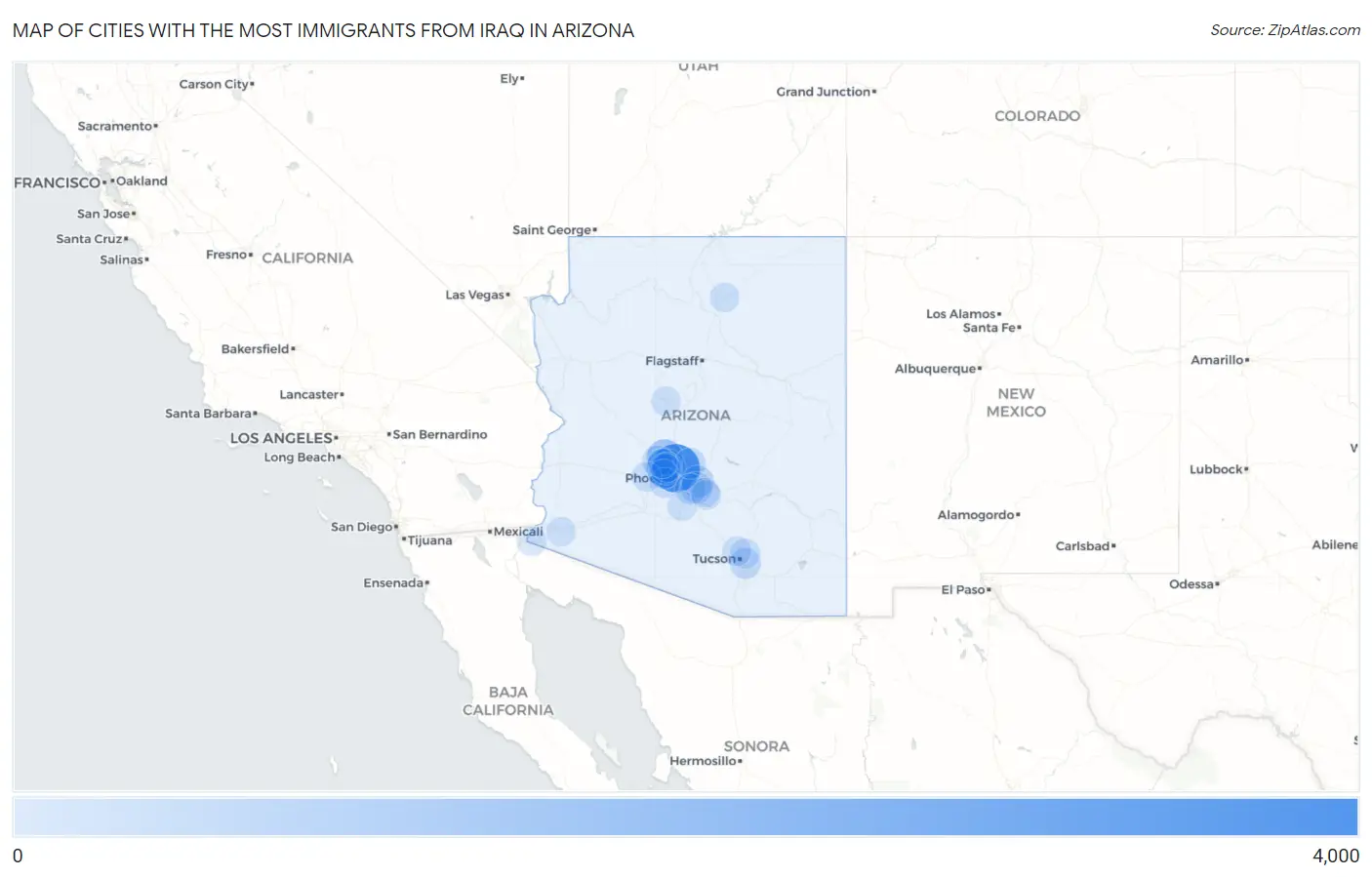 Cities with the Most Immigrants from Iraq in Arizona Map