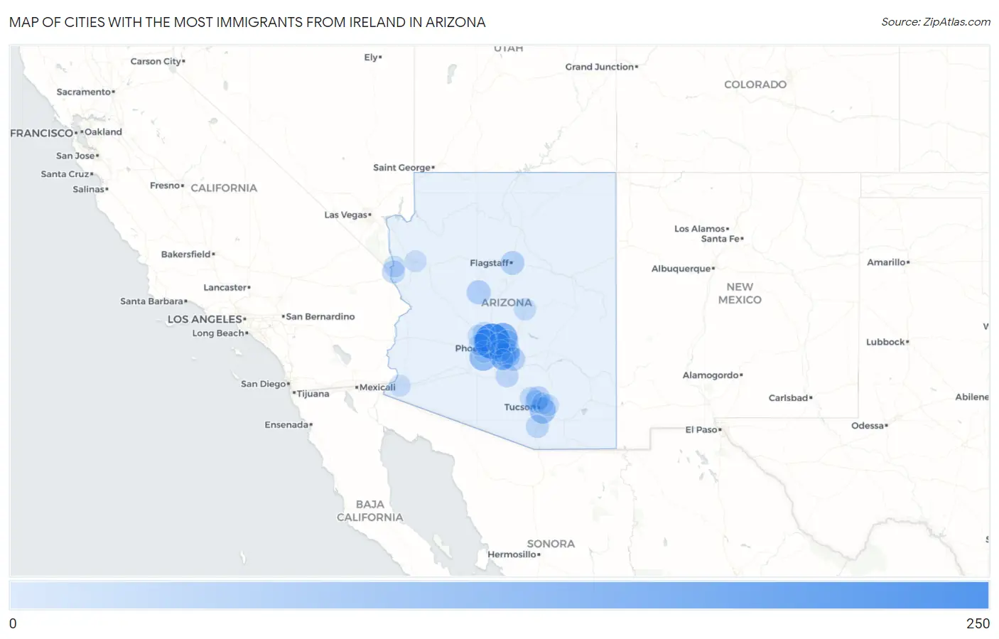 Cities with the Most Immigrants from Ireland in Arizona Map
