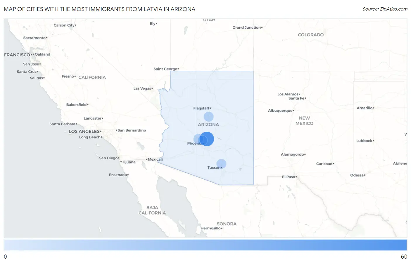 Cities with the Most Immigrants from Latvia in Arizona Map