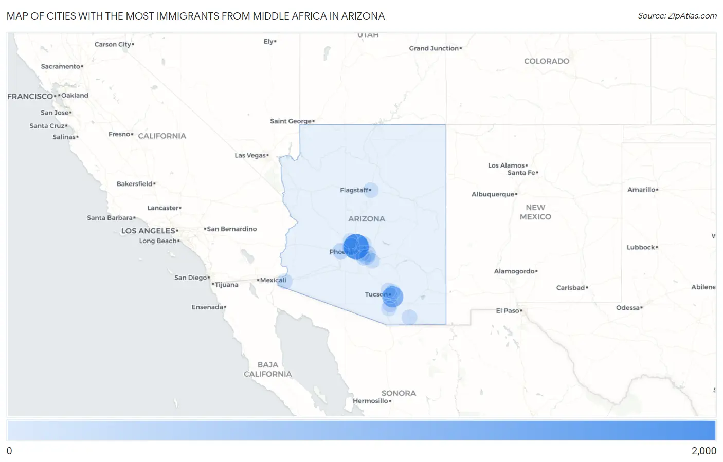 Cities with the Most Immigrants from Middle Africa in Arizona Map