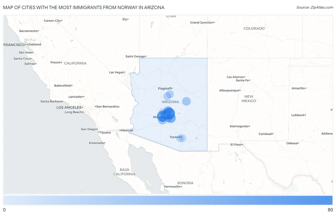 Cities with the Most Immigrants from Norway in Arizona Map