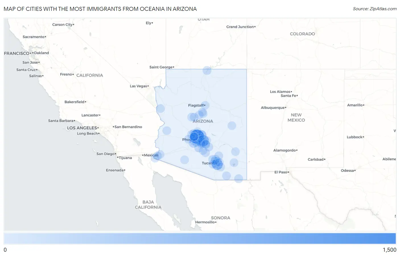 Cities with the Most Immigrants from Oceania in Arizona Map