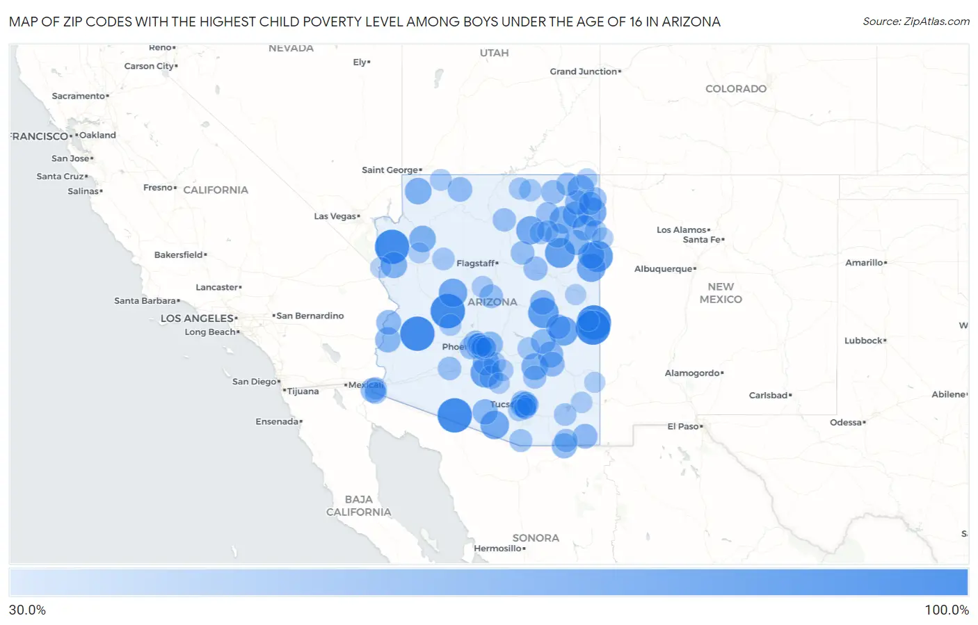 Zip Codes with the Highest Child Poverty Level Among Boys Under the Age of 16 in Arizona Map