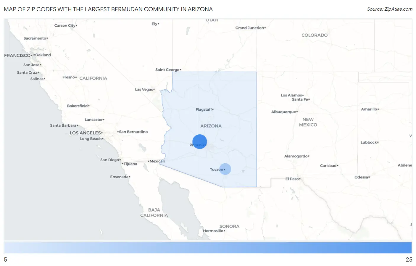 Zip Codes with the Largest Bermudan Community in Arizona Map