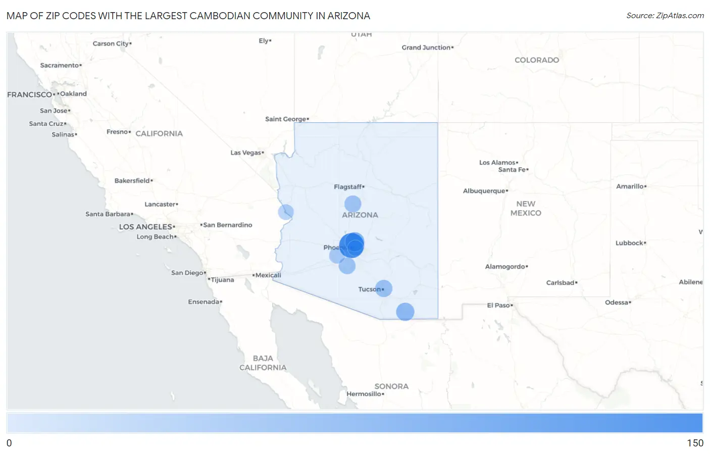 Zip Codes with the Largest Cambodian Community in Arizona Map
