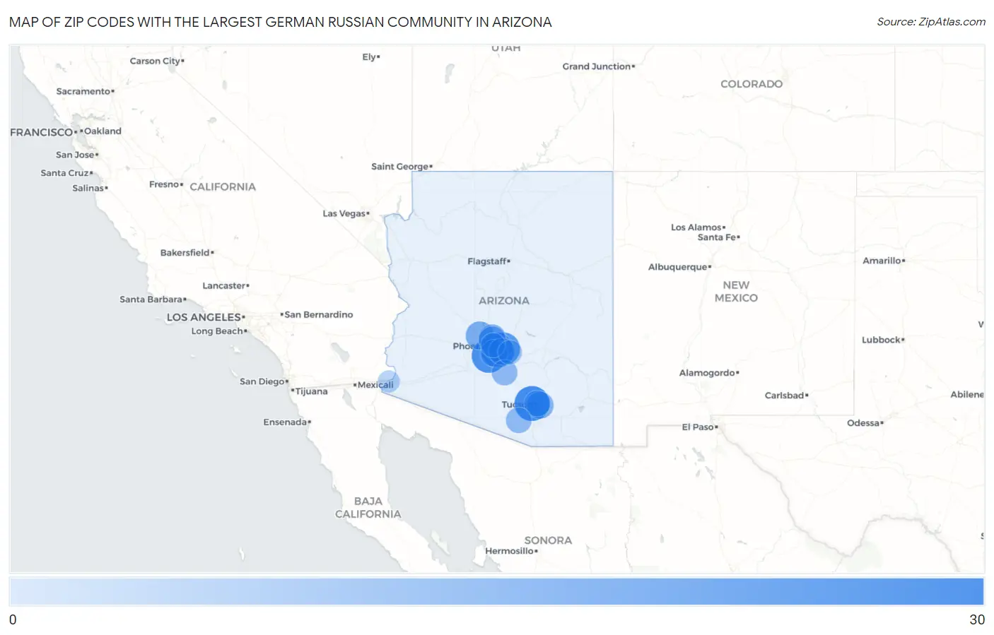 Zip Codes with the Largest German Russian Community in Arizona Map