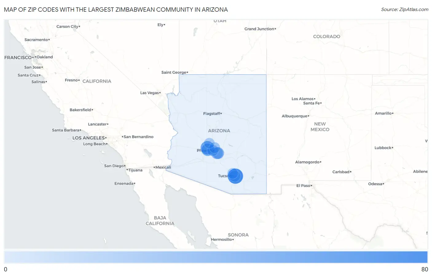 Zip Codes with the Largest Zimbabwean Community in Arizona Map