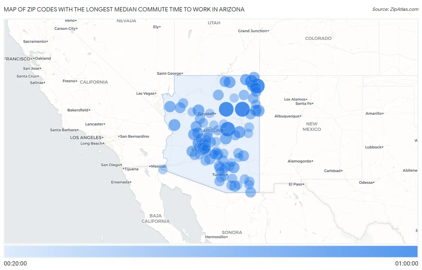 Zip Codes with the Longest Median Commute Time to Work in Arizona Map