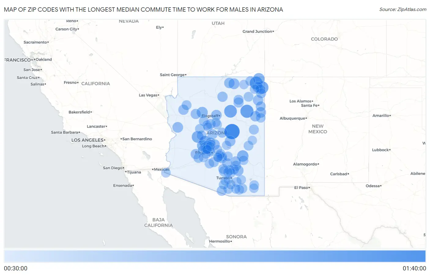 Zip Codes with the Longest Median Commute Time to Work for Males in Arizona Map