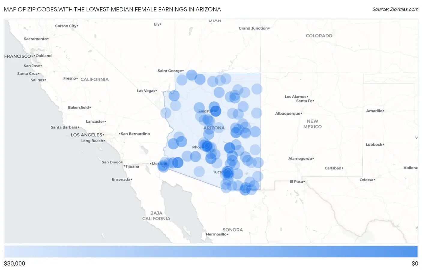 Zip Codes with the Lowest Median Female Earnings in Arizona Map