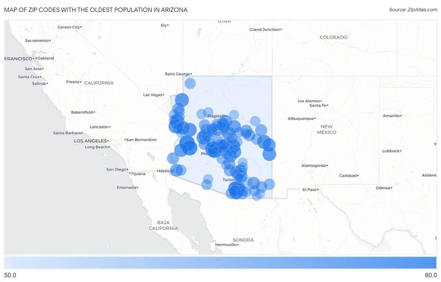 Zip Codes with the Oldest Population in Arizona Map