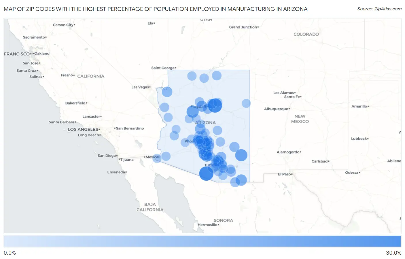 Zip Codes with the Highest Percentage of Population Employed in Manufacturing in Arizona Map