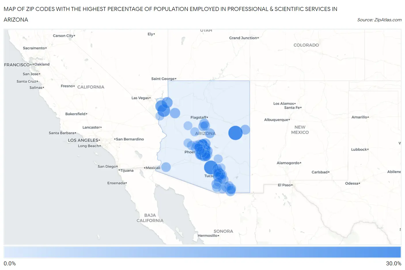 Zip Codes with the Highest Percentage of Population Employed in Professional & Scientific Services in Arizona Map