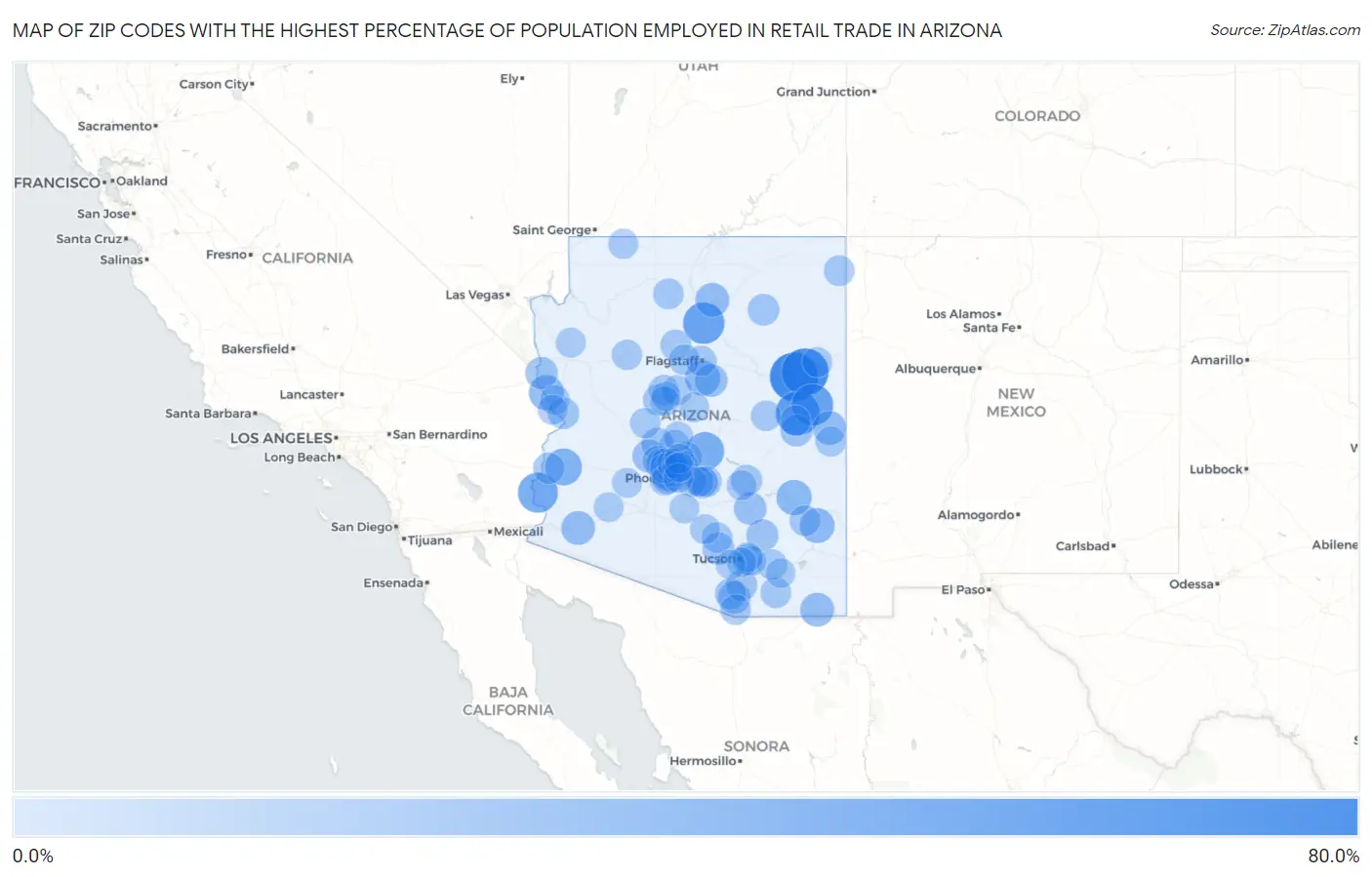 Zip Codes with the Highest Percentage of Population Employed in Retail Trade in Arizona Map