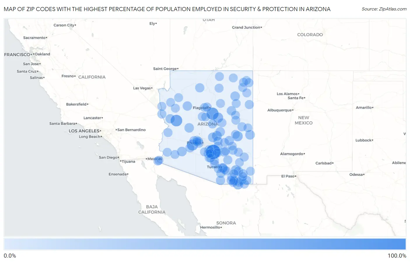 Zip Codes with the Highest Percentage of Population Employed in Security & Protection in Arizona Map