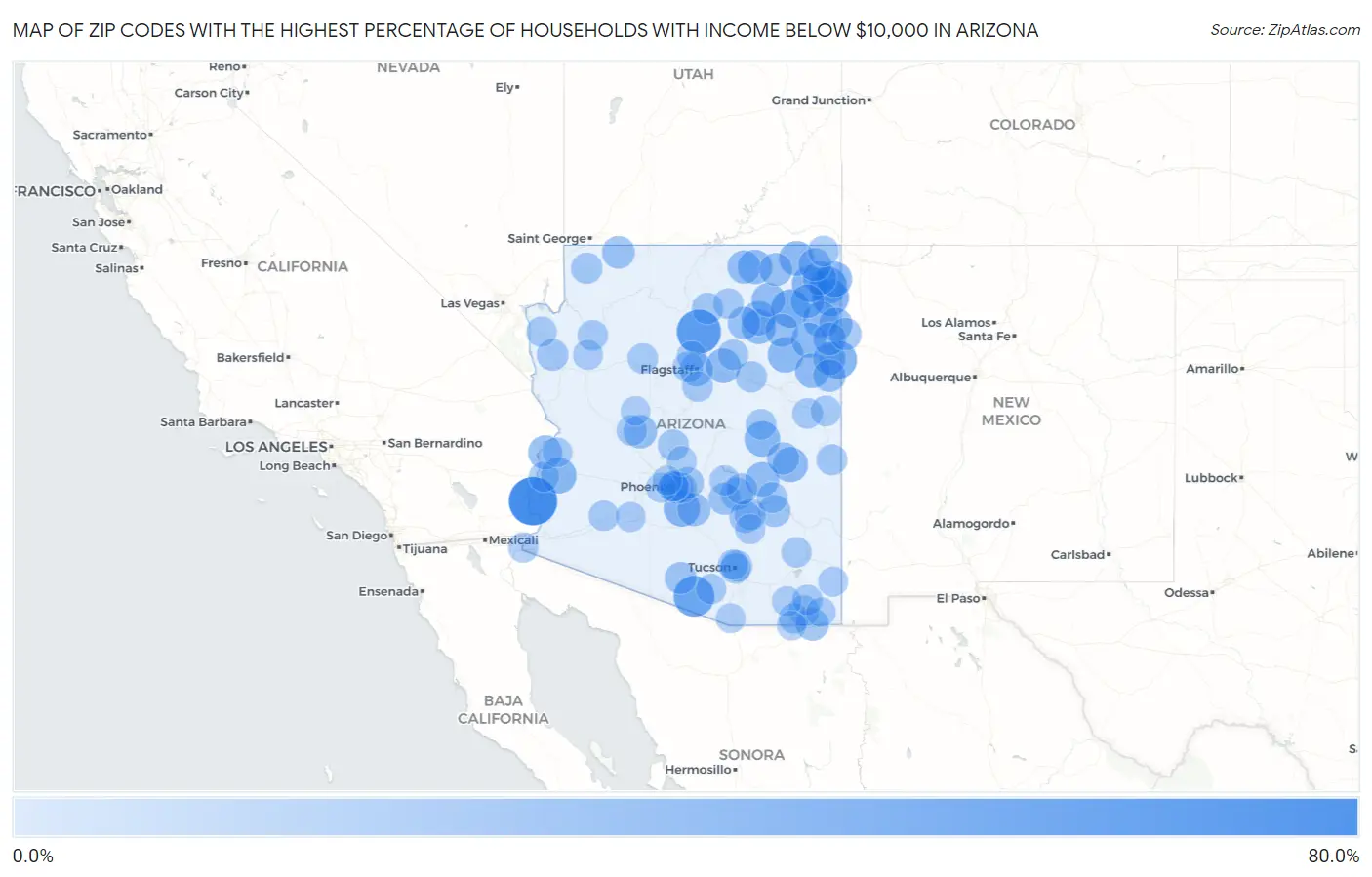 Zip Codes with the Highest Percentage of Households with Income Below $10,000 in Arizona Map