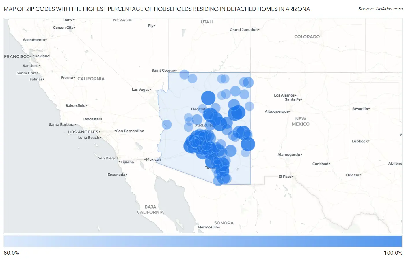 Zip Codes with the Highest Percentage of Households Residing in Detached Homes in Arizona Map