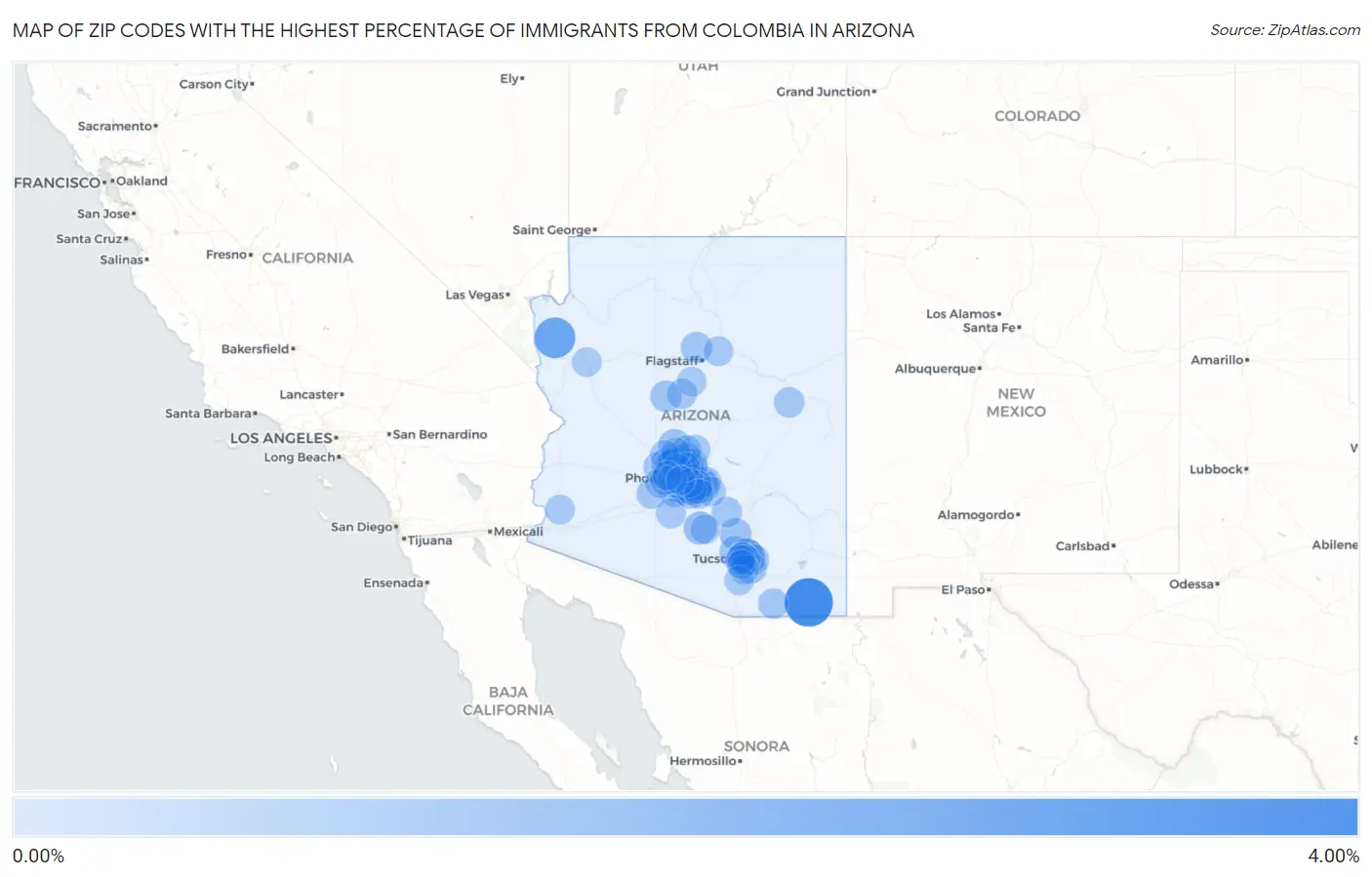 Zip Codes with the Highest Percentage of Immigrants from Colombia in Arizona Map