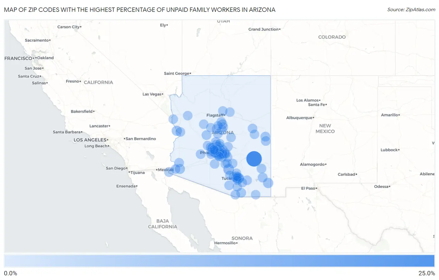 Zip Codes with the Highest Percentage of Unpaid Family Workers in Arizona Map